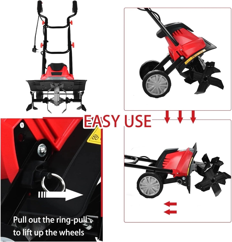 Motozappa Elettrica Pieghevole 1200W, Larghezza di Lavoro 36 cm Profondità di Lavoro 22 cm, 4 Lame, Zappatrice Elettrica per Orto e Giardino (Rosso, 36 x 40 cm, con Ruote)
