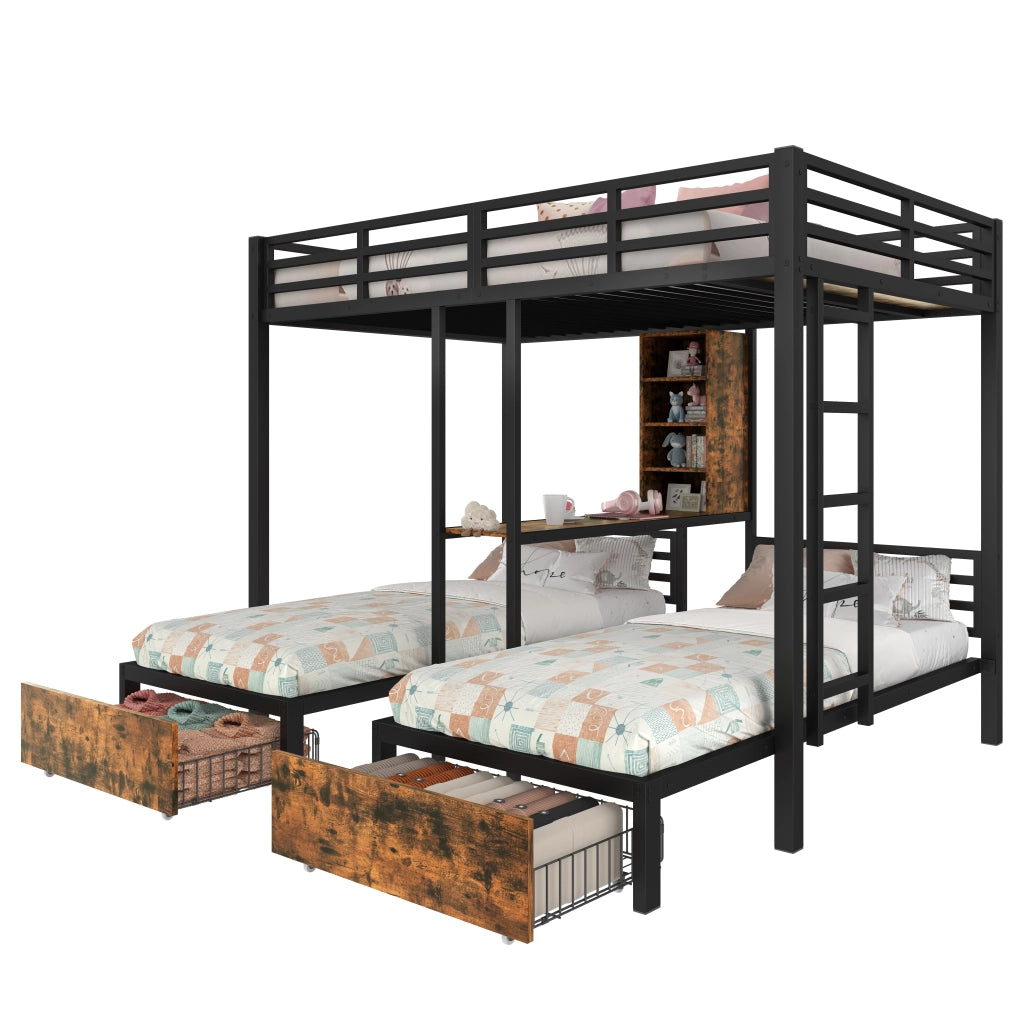 Letto a Castello 140×200 cm e 90×200 cm; 3 Posti con 2 Cassetti; Vani e Scaffali; senza Materasso; Nero