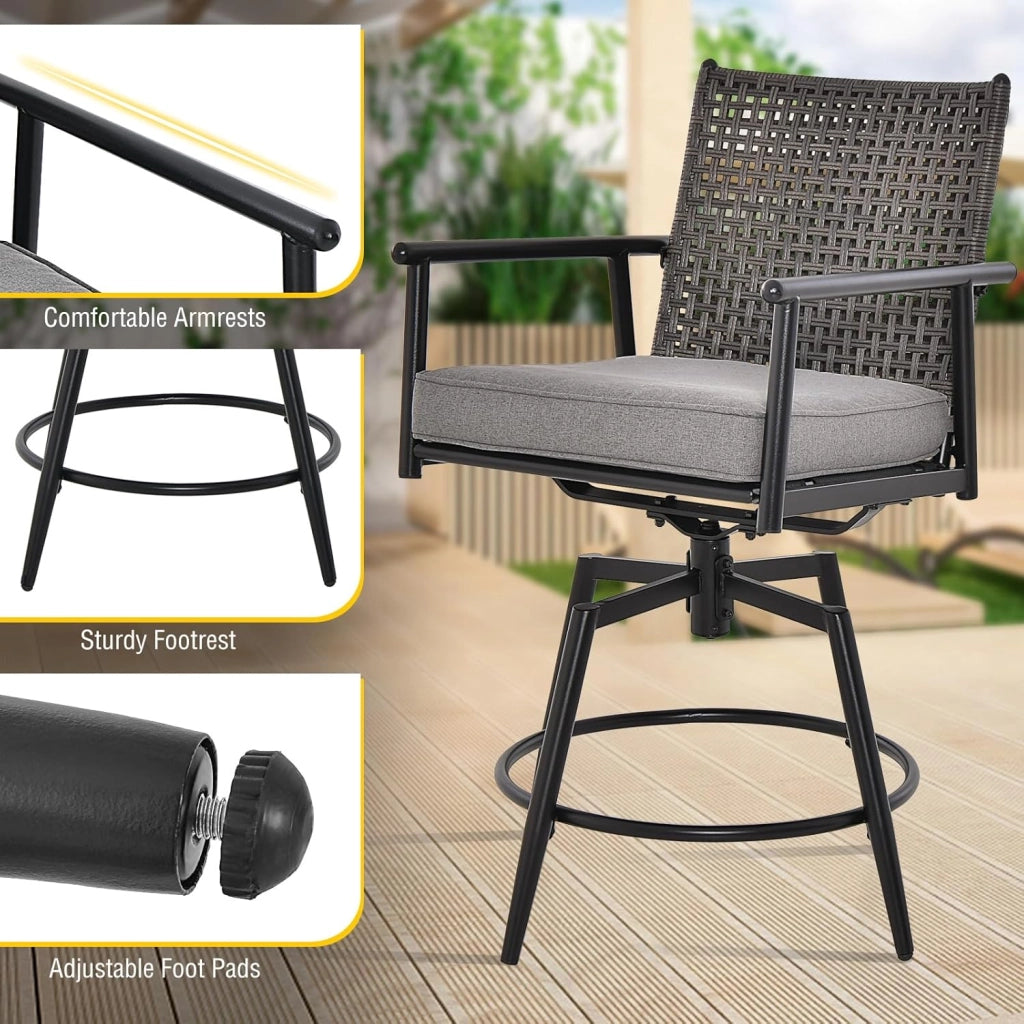 Set di 2 sgabelli da bar girevoli, con schienale in rattan e telaio in metallo, sedia da giardino con cuscino rimovibile, sgabello da bistrò, sedia girevole per esterni, colore nero
