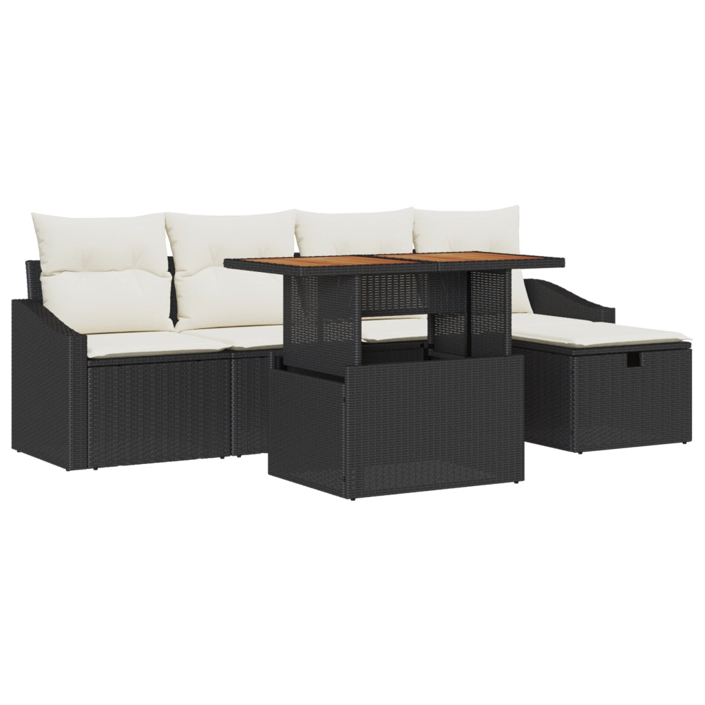 Set Divano da Giardino da 6 Pezzi con Cuscini Nero Polyrattan