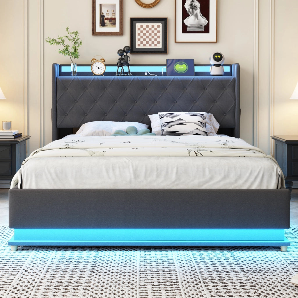 Letti contenitori 140x200 cm; luci LED multicolore e USB; tessuto grigio