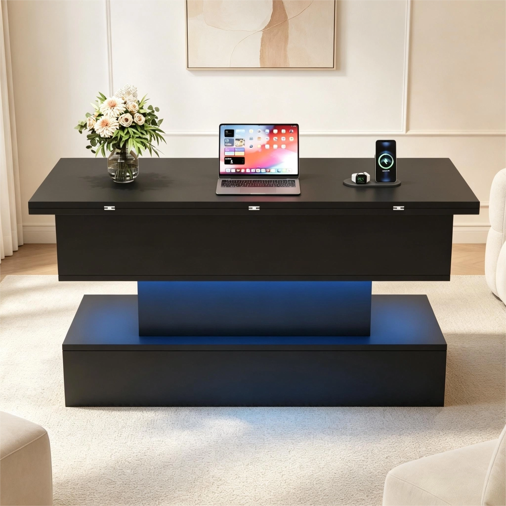 Tavolino da caffè alzabile con LED e presa laterale - per soggiorno - 100×50×51.5 cm - nero