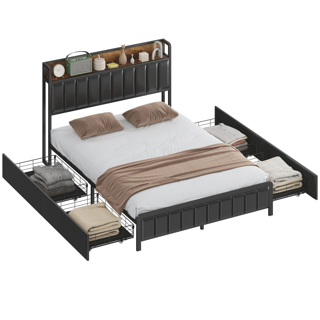 Letto matrimoniale imbottito con contenitore e rete a doghe ¨C zephmum ¨C nero 140x190