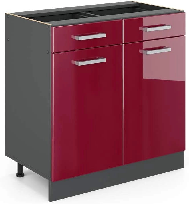 Mobiletto base per cucina R-Line, Rosso lucido, 80 cm senza piano di lavoro, per la libera combinazione all'interno di sistemi cucina modulari