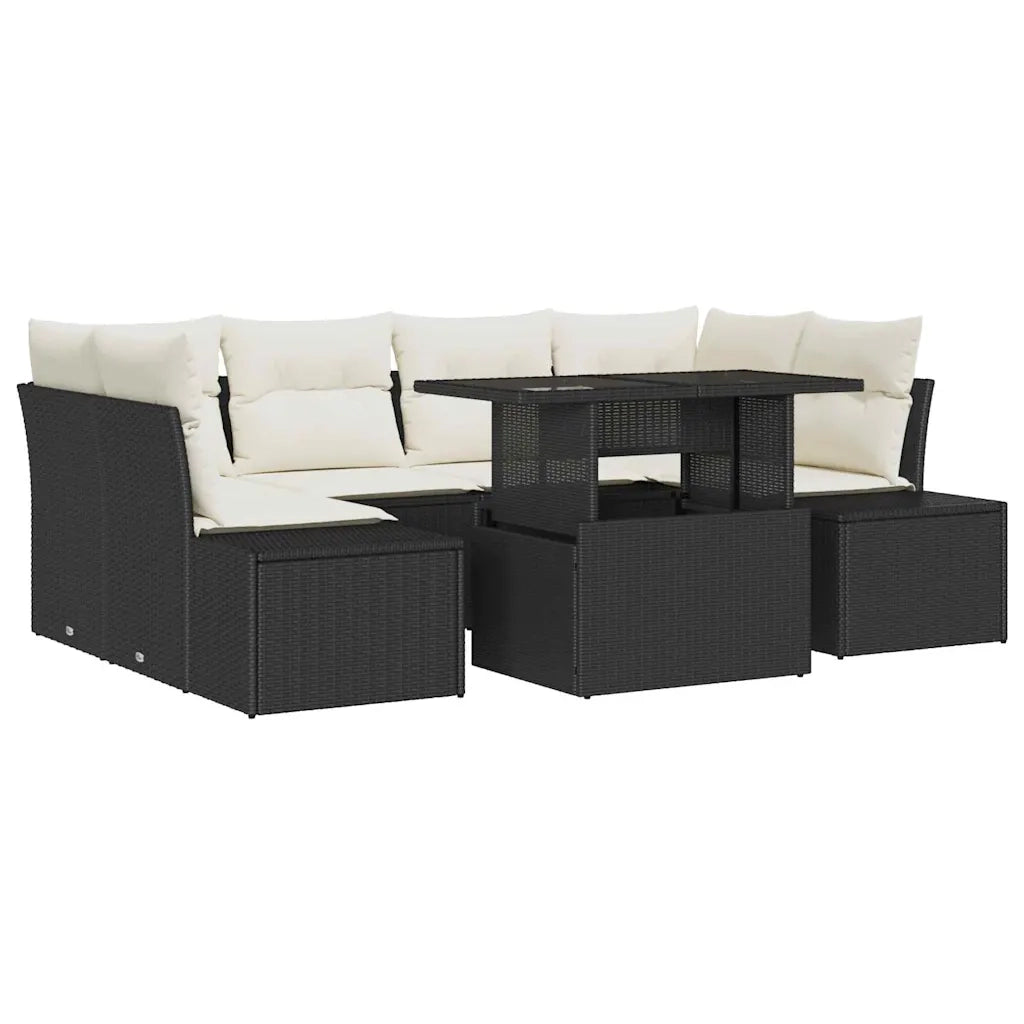 Set Divano da Giardino con cuscino 7 pcs Nero e Crema
