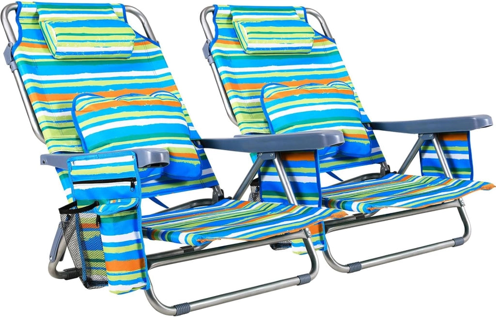 Sedia da spiaggia con funzione zaino, pieghevole con funzione di sdraio, per sabbia, schienale alto, regolabile, con bracciolo, cuscino lombare, poggiatesta tasche laterali, sedia da campeggio