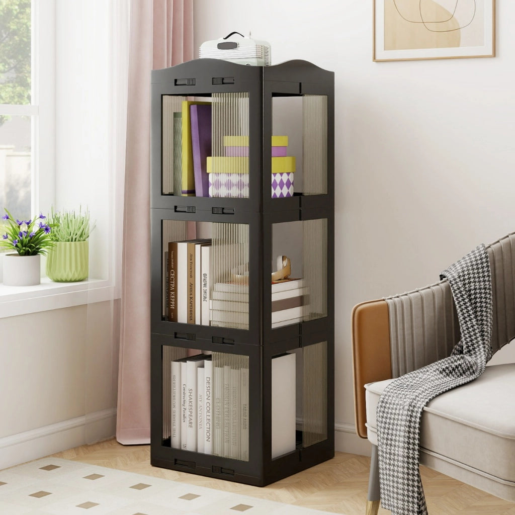 Libreria girevole pieghevole a 3 livelli per soggiorno e studio, Scaffale girevole a 360¡ã con base rotante per esposizione Nero-Librerie