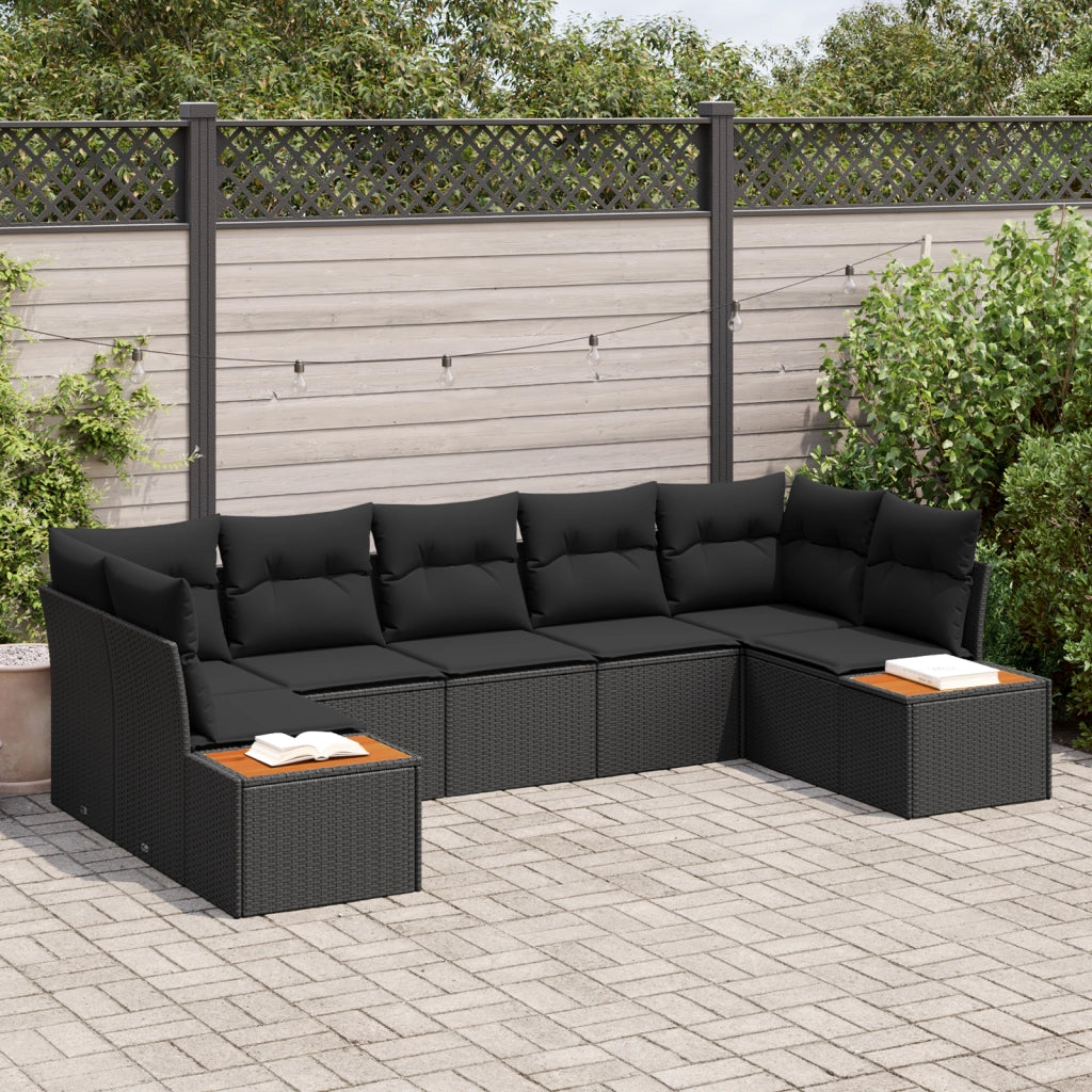 Set di Divani da Giardino 7 Pezzi con Cuscini Nero Polyrattan Acacia