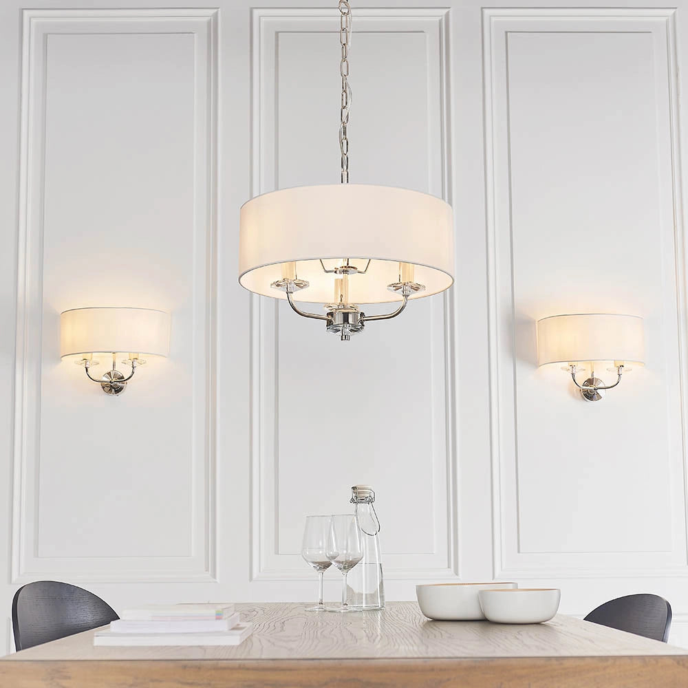Lampadario 3 luci Nixon nichel chiaro paralumi bianchi E14