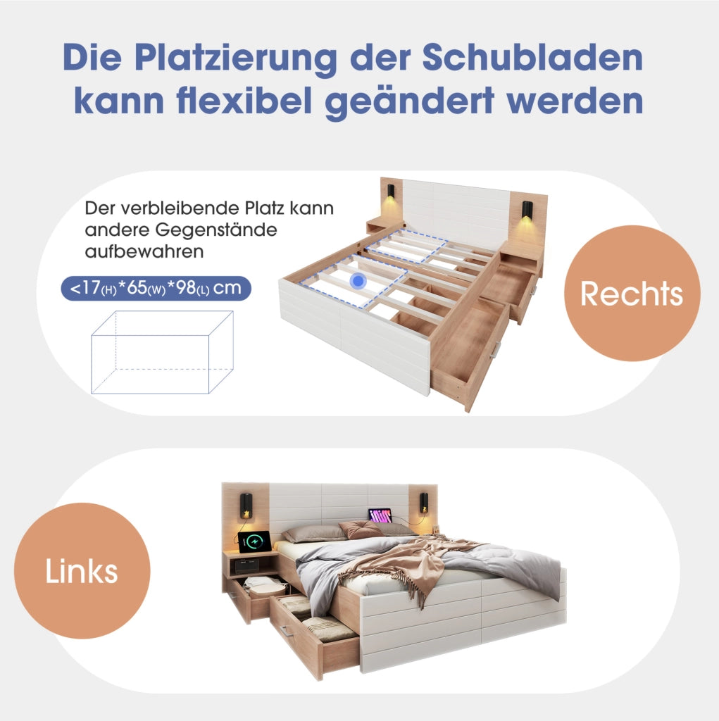 Letto matrimoniale 160x200 cm con 2 comodini; 2 cassetti; luce 360° e USB; massello/MDF; bianco e rovere chiaro