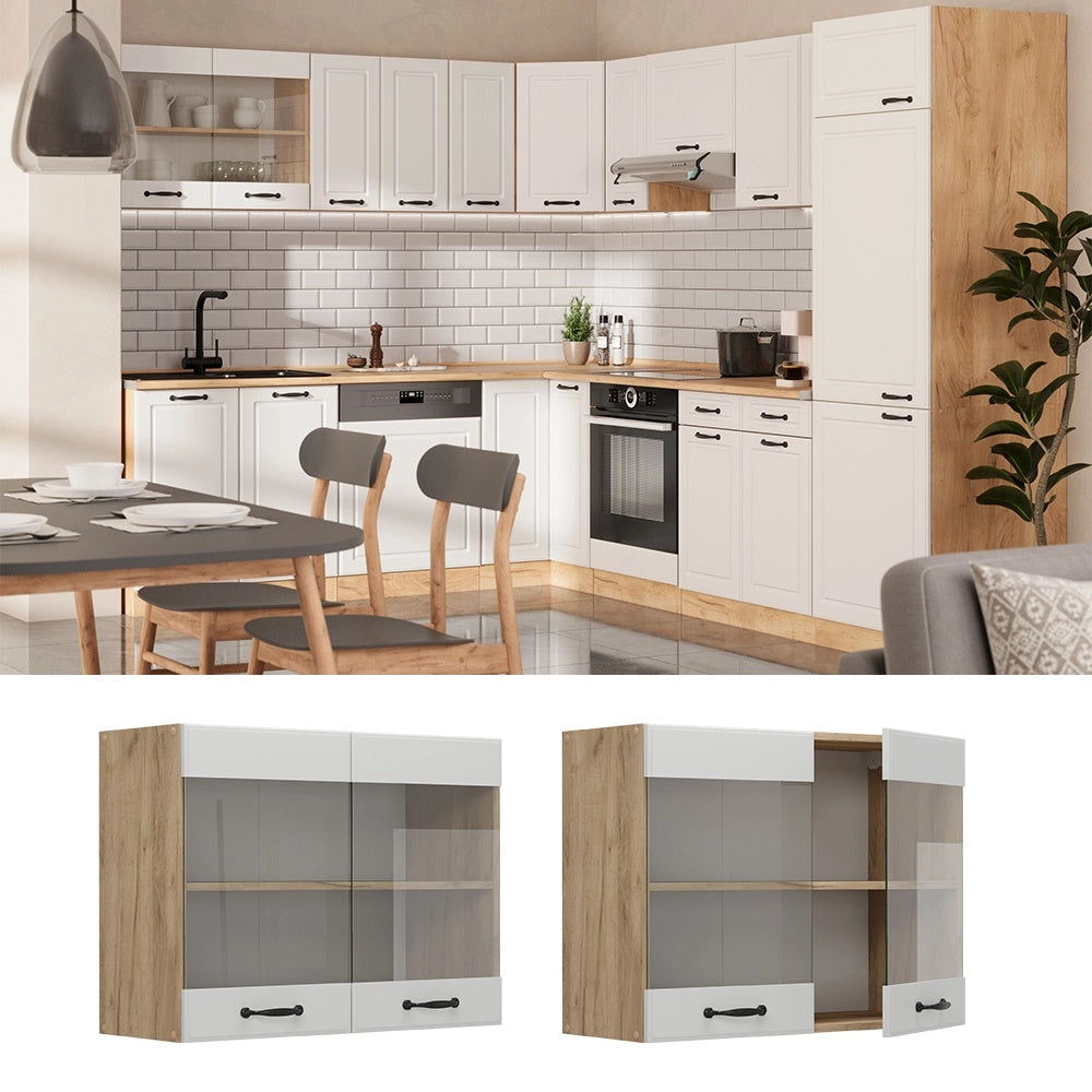 Mobile da cucina in vetro R-Line Bianco rustico/Rovere dorato 80 cm Vicco