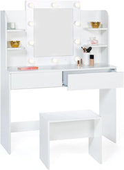 ZELIA tavolo da toilette bianco con 4 ripiani, specchio LED e sgabello