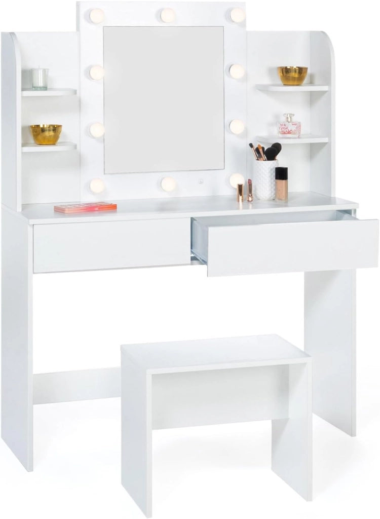 ZELIA tavolo da toilette bianco con 4 ripiani, specchio LED e sgabello
