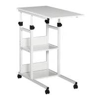 Tavolino da Salotto con Ruote, Regolabile in Altezza, Compatto, con 2 Ripiani, Struttura in Metallo, 80x40x72-82 cm, Bianco