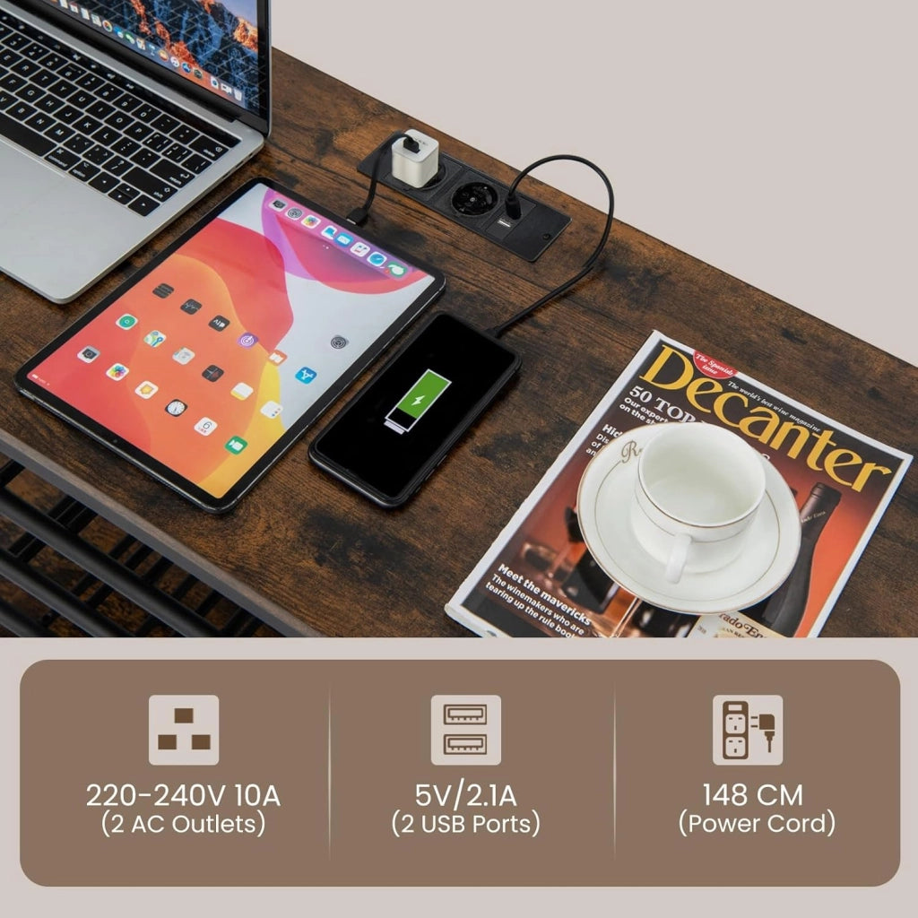 Credenza con portabottiglie per 21 bottiglie, tavolino da cucina sottile con 2 porte USB e 2 prese, portabottiglie a 3 livelli con supporto in vetro, tavolo industriale per vino, 120 x 40 x 92