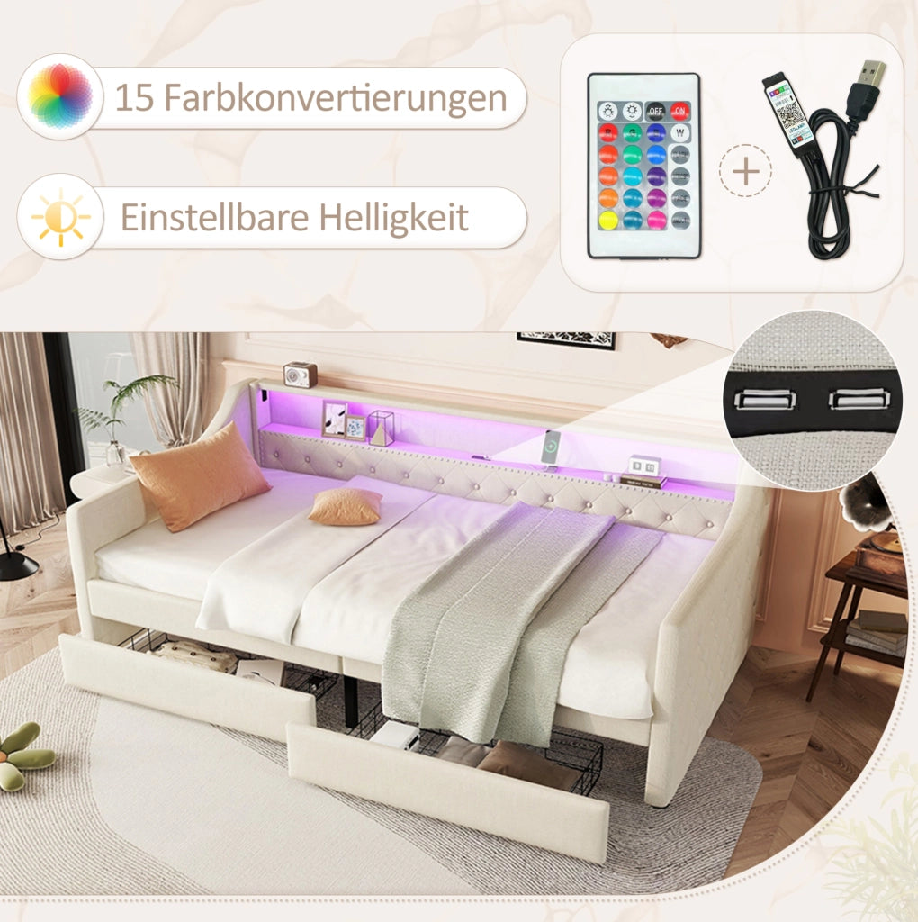 Divano letto 90x200 cm in lino beige con LED, USB e 2 cassetti