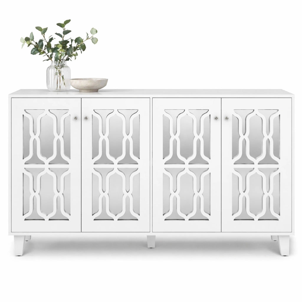 Credenza bianca con superficie a specchio, 4 ante e ripiano interno mobile, 160 x 40 x 84 cm