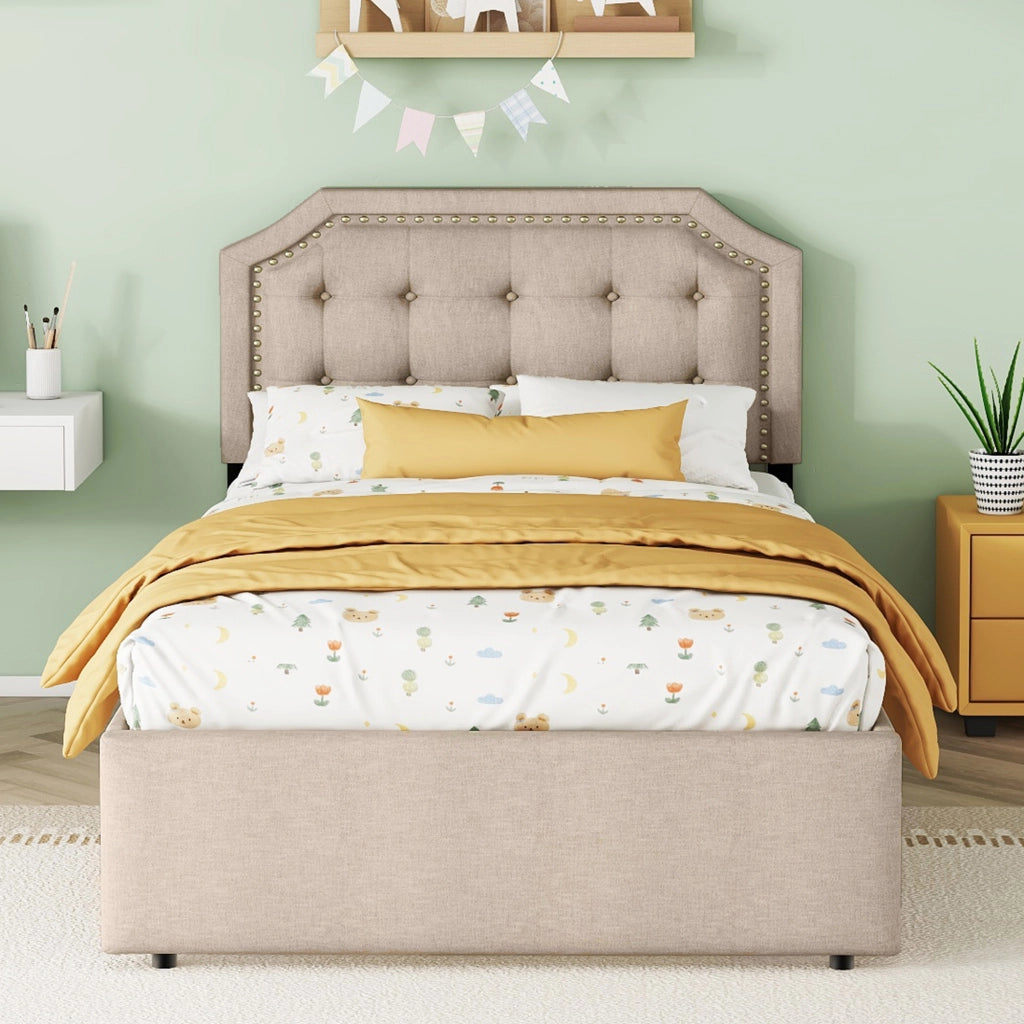 OKWISH Letto Singolo 90×200 cm con 2 Cassetti, Testiera Regolabile e Borchie Decorative, senza Materasso, in MDF, Beige