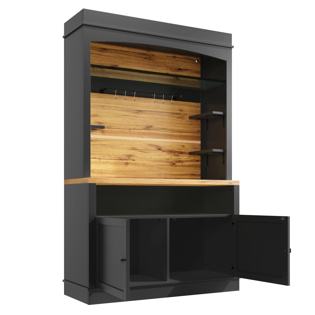 OKWISH Credenza Cucina Alta con 2 Ante, Ripiano Aperto, 6 Ganci e LED, per Cucina, Nero 107 × 43 × 184 cm