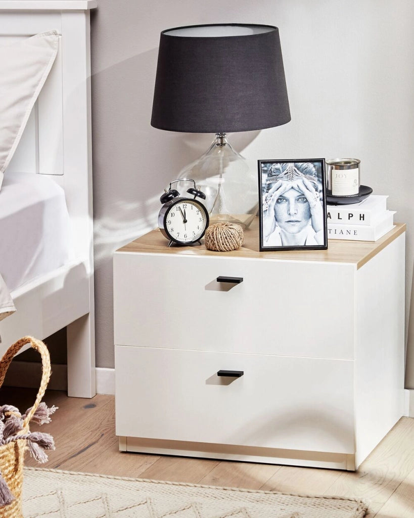 Comodino bianco con legno chiaro MDF 2 cassetti camera da letto scandinava