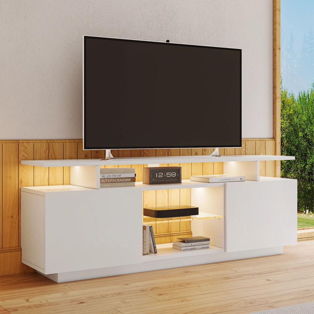 Mobile TV con 2 Ante e 5 Vani Aperti e LED Controllato da App; in Pannello Truciolare; Bianco; 140×35×55 cm