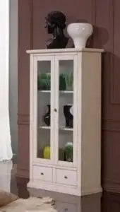 Vetrina cristalliera in legno Shabby chic bianca 2 cassetti