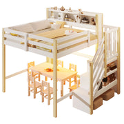 LETTO a soppalco 140x200 cm con LED, scala contenitore, bianco e naturale