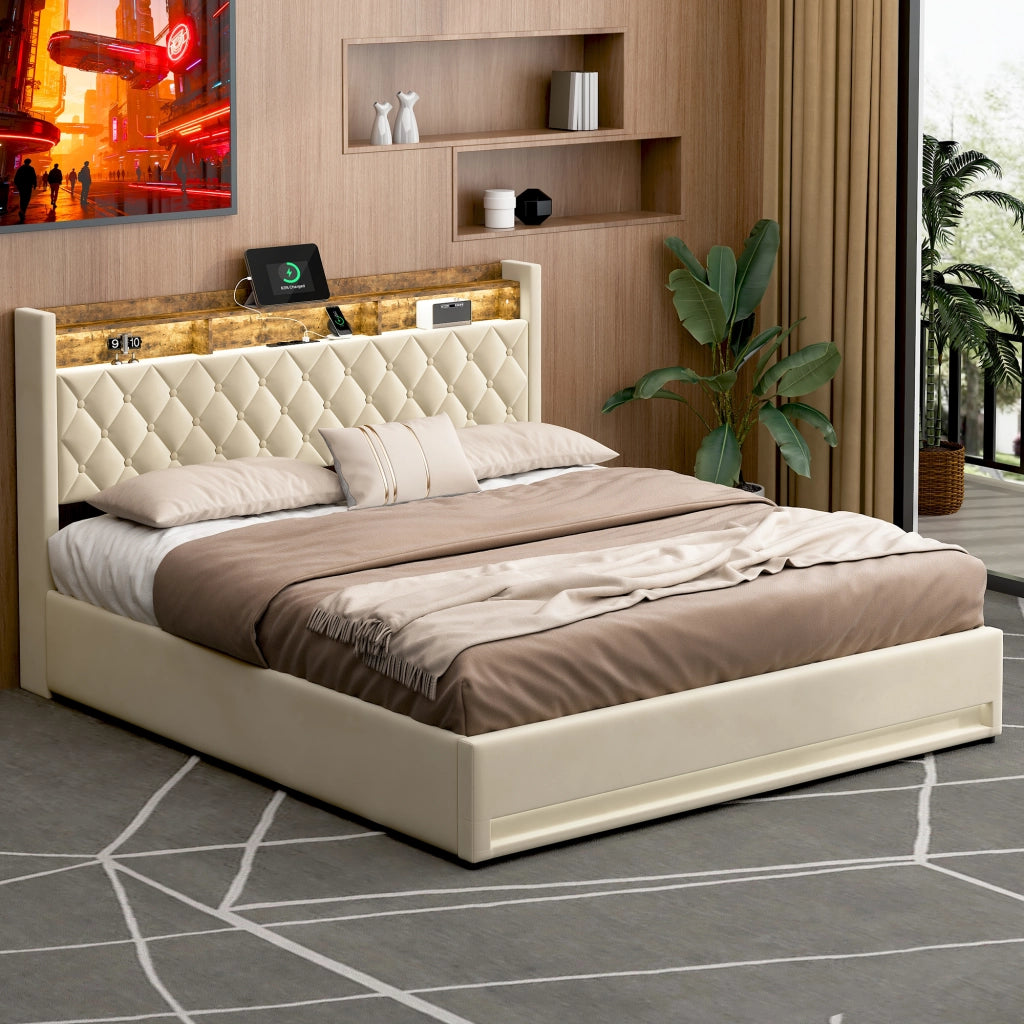 Letto imbottito beige 180x200 cm in velluto con schiuma elastica e struttura ergonomica