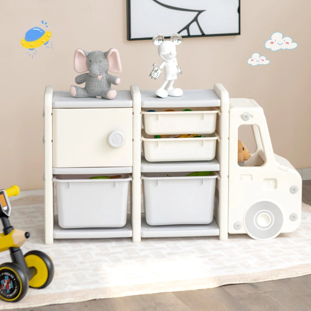 Organizer per giocattoli con scatole 2 livelli per bambini-Scaffale multilivello in HDPE a forma di camion Beige