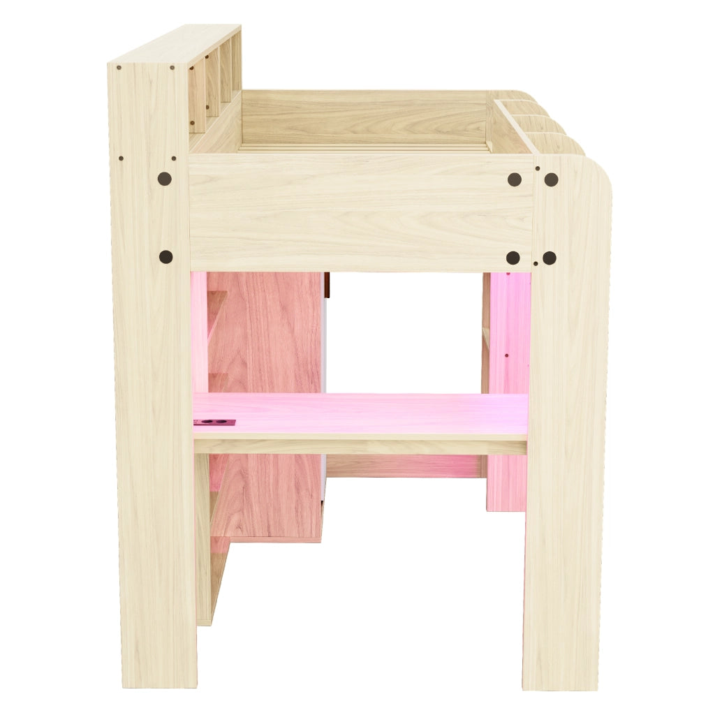Letto a soppalco 90x200 cm con scrivania; armadio e LED in MDF colore naturale