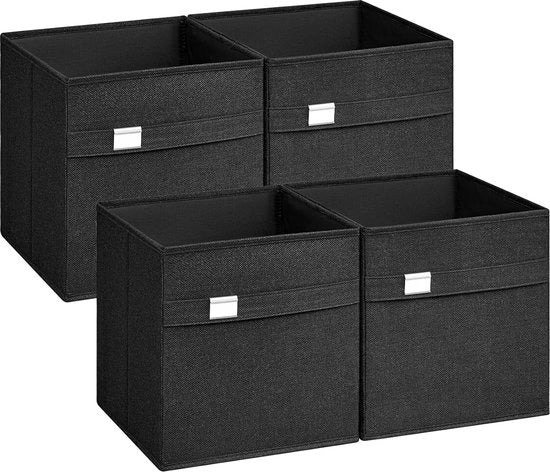 Set di contenitori di archiviazione, 4 pezzi, contenitori di archiviazione rimovibili, 30 x 30 x 30 cm, 2 maniglie, pieghevole, tessuto Oxford, imitazione di lino, facile da pulire, supporto per etichetta metallico, per contenitore a cubo, nero