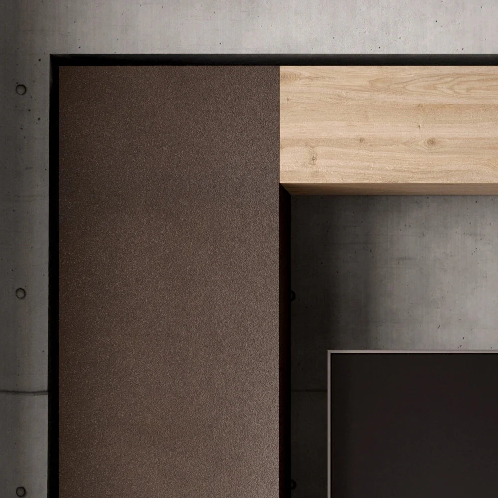 Parete Attrezzata Made in Italy Infinity 9 con 2 colonne, base TV, elemento a ribalta e elemento con vani, design moderno ideale per soggiorno, sala da pranzo, cucina, colore Bronzo/Cadiz