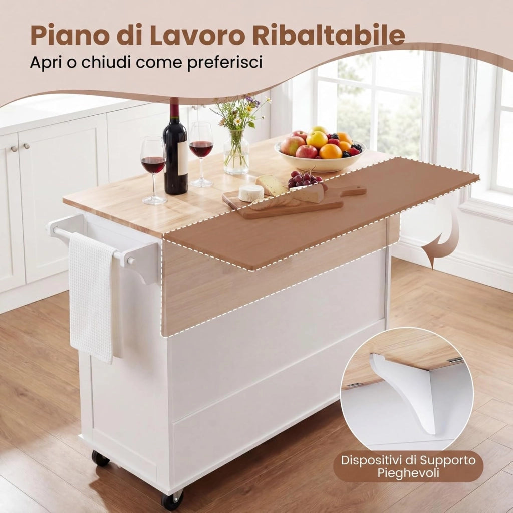 Carrello da Cucina in Legno, Carrello Isola Cucina con Ripiano Ribaltabile, Ruote, 3 Cassetti e Armadietto, Porta Spezie e Asciugamani, 129,5x76x93 cm