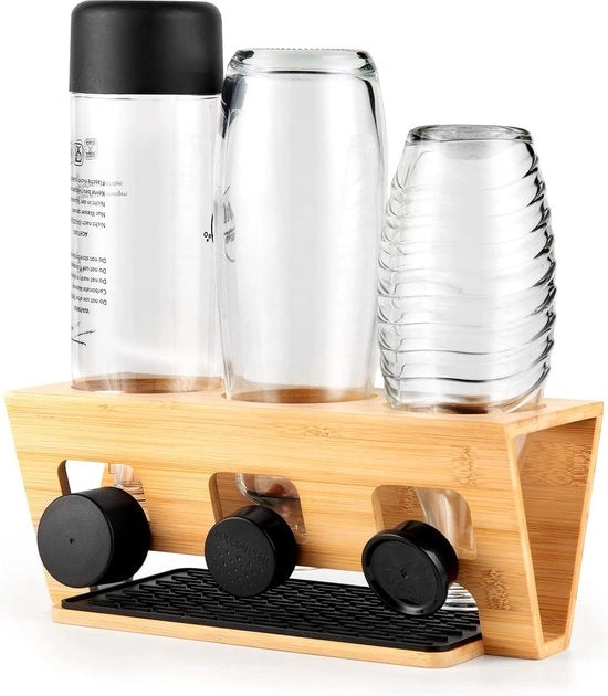 Supporto per bottiglie compatibile con SodaStream Duo e bottiglie di vetro comuni, supporto per bottiglie a tre pezzi in bambù, afdruiprek inclusa con afdruipmat e supporto per coperchio