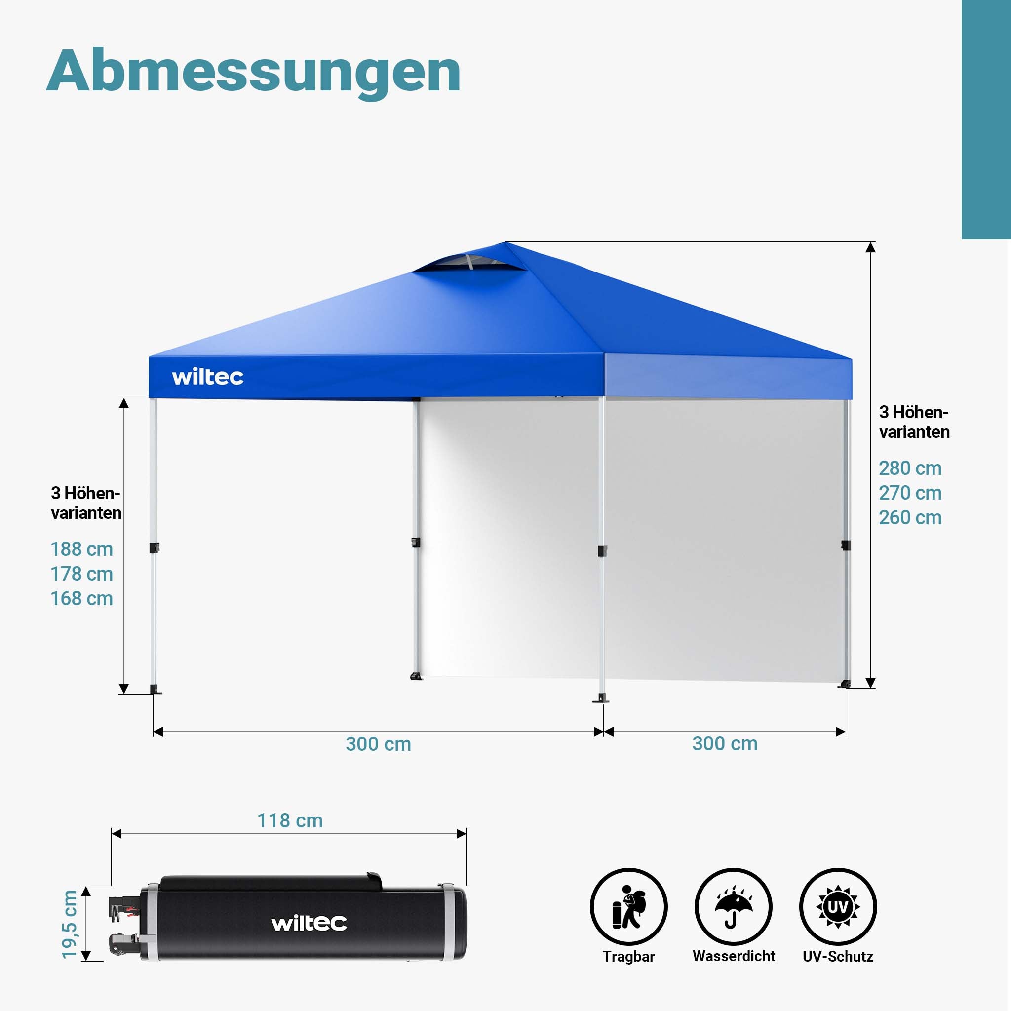 Gazebo pieghevole pop-up blu, 3 x 3 m con parete laterale e ruote