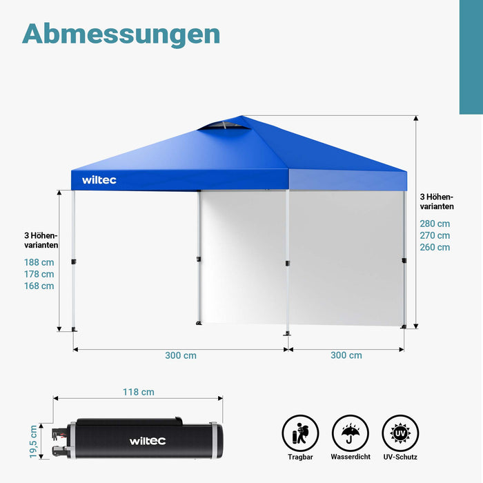 Gazebo pieghevole pop-up blu, 3 x 3 m con parete laterale e ruote