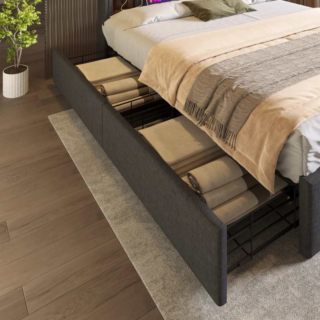 Letto matrimoniale 160x200 cm in lino grigio con ricarica wireless, USB-C, 4 cassetti e struttura in ferro