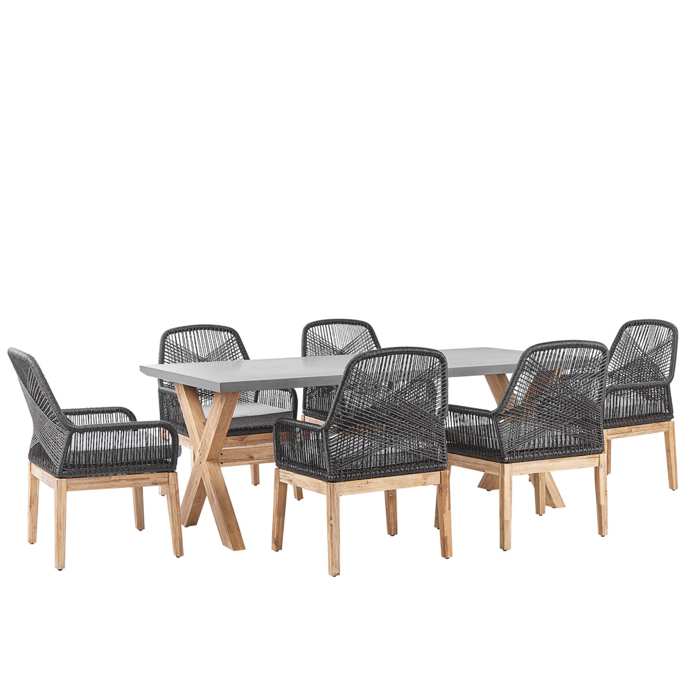 Set da Esterno con Tavolo in Cemento Sintetico Nero e 6 Sedie in Vimini