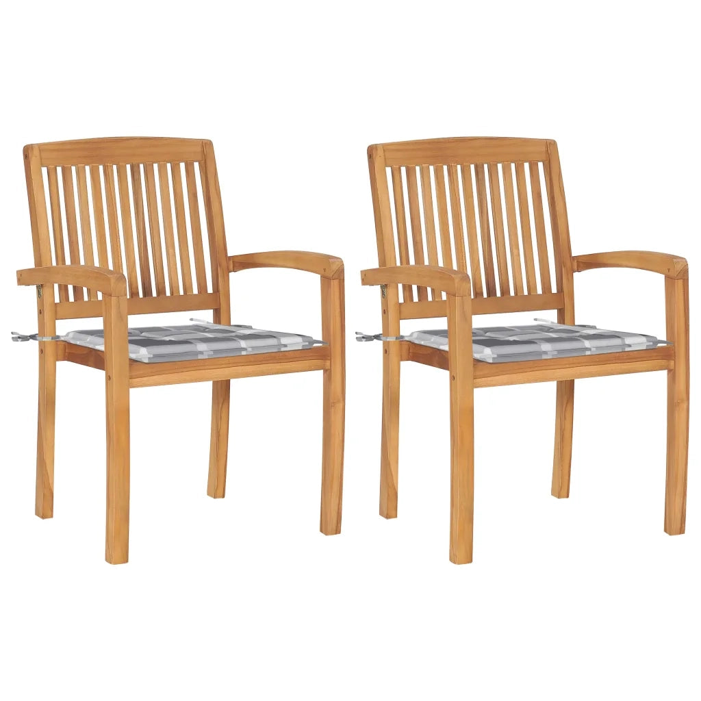 Sedie Giardino 2 pz con Cuscino Grigio a Quadri Legno di Teak