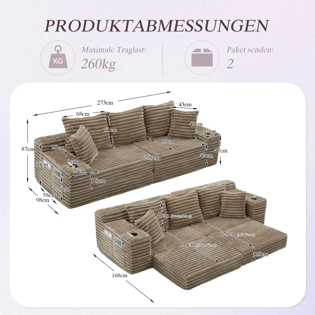 DIVANO LETTO componibile 273x98x87 cm in tessuto a coste Khaki