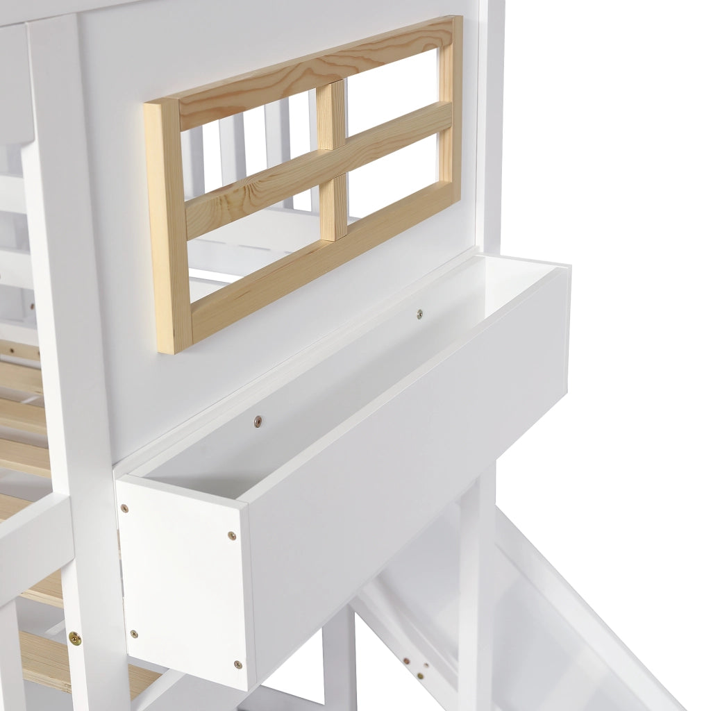 Letto a Castello 90x200 cm; Rampa laterale; Scaffale e Armadio; Bianco Naturale