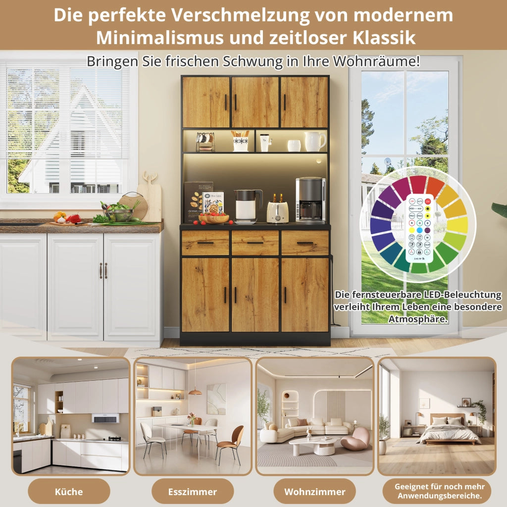 Credenza alta da cucina con 3 cassetti, 6 ante, ripiani regolabili, LED e prese USB, 100 × 40 × 180 cm