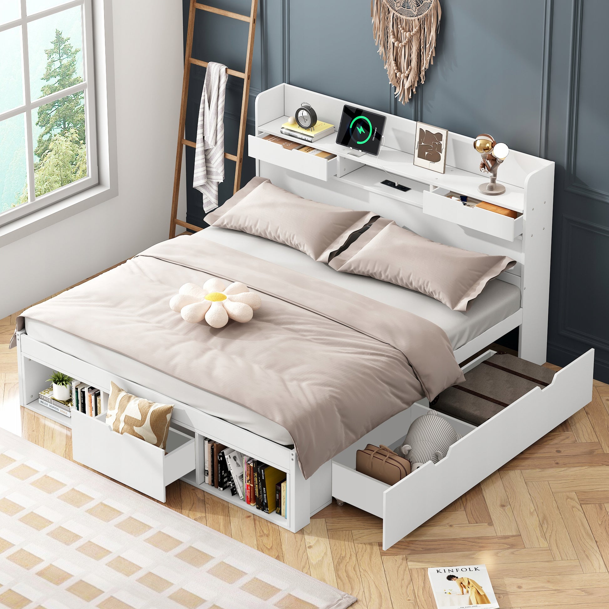 Letto singolo per bambini - Xylo - 90x200cm - Bianco - Con cassetti e lavagna