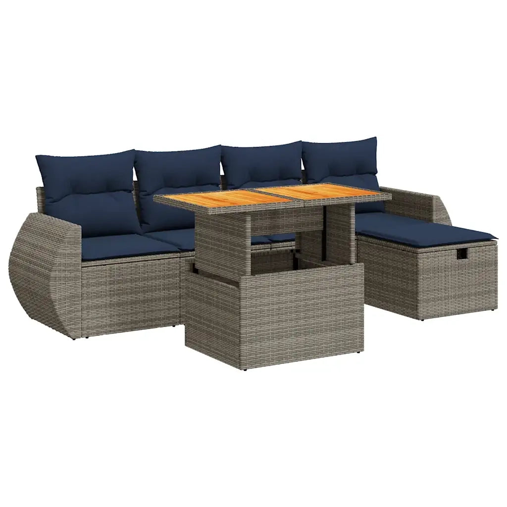 Set Divano da Giardino 6 pz con Cuscini Nero Polyrattan Acacia 3328055