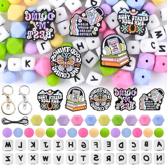 10 set di perle in silicone per la creazione di anelli per chiavi personalizzati con lettere in perle - artigianato DIY in colori leggeri