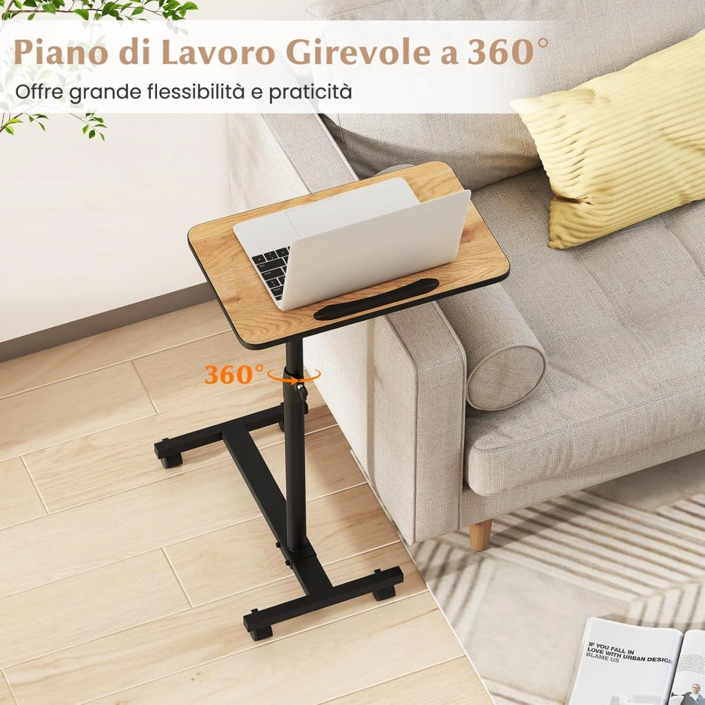 Tavolino Servitore con Altezza Regolabile, Ruote Bloccabili, Piano Girevole a 360° e Inclinabile con Fermo Bordo, Tavolino a Forma di C per Soggiorno, Camera da Letto e Studio (Naturale)