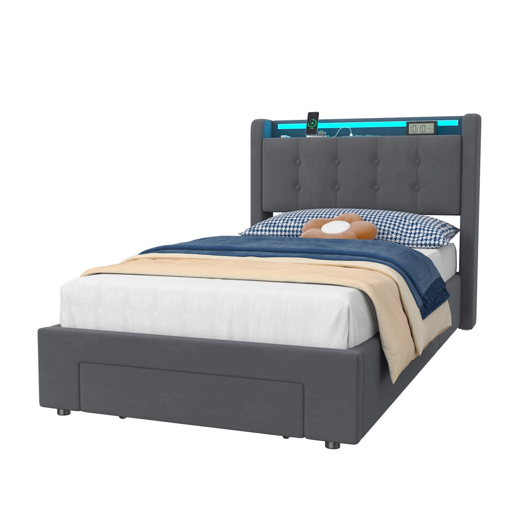 LETTO Imbottito 90 x 200 cm in Velluto con LED, USB e Contenitore