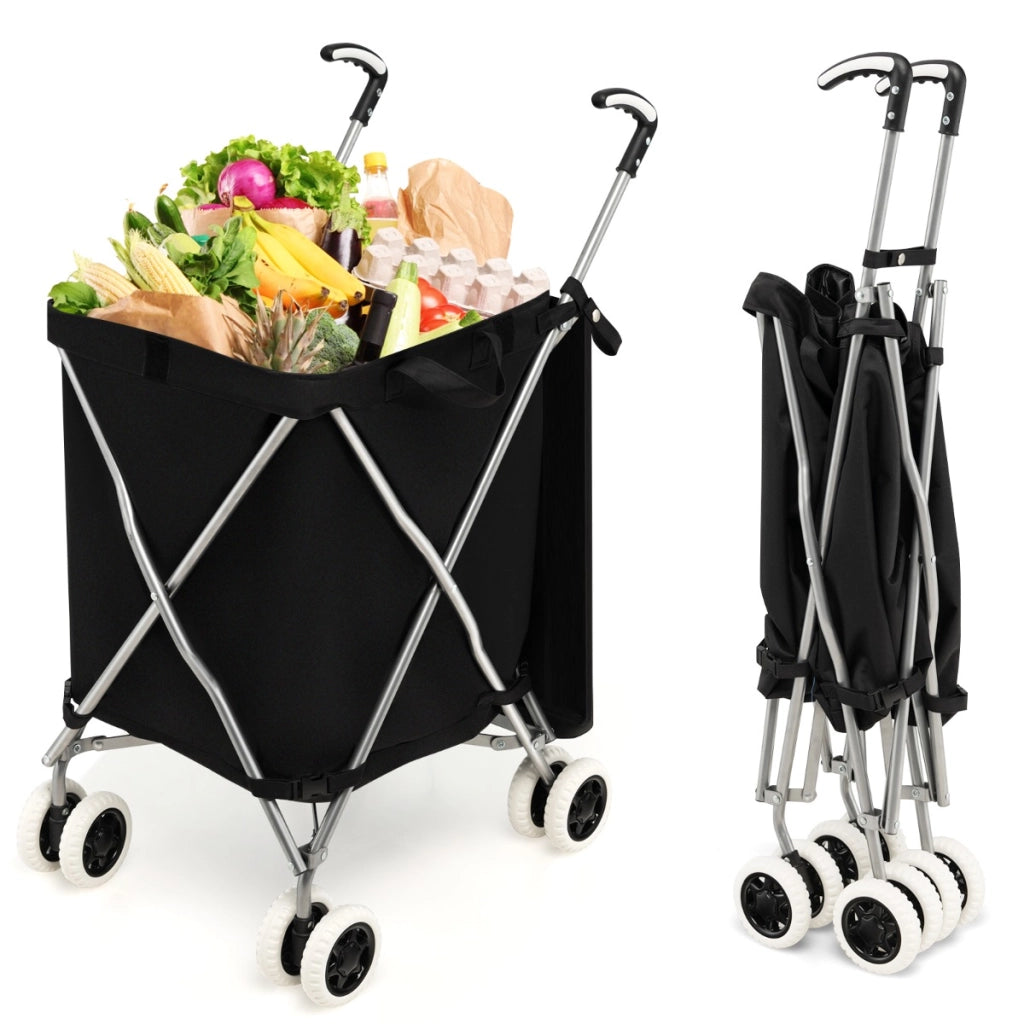 Carrello pieghevole con ruote fodera in tessuto oxford rimovibile impermeabile, Carrello della spesa leggera Nero-Strumenti cucina