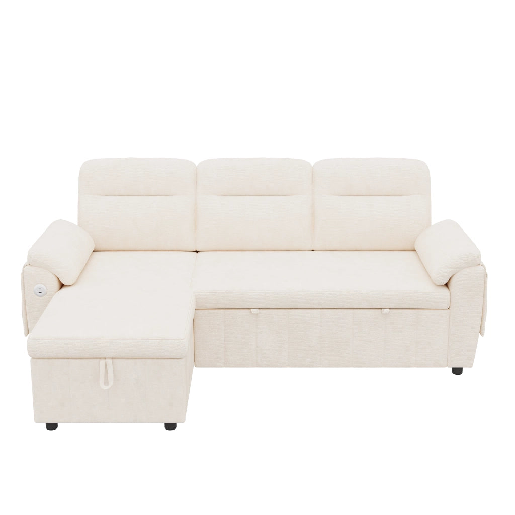 Divano angolare convertibile 3 posti - con funzione letto e chaise longue - in chenille beige
