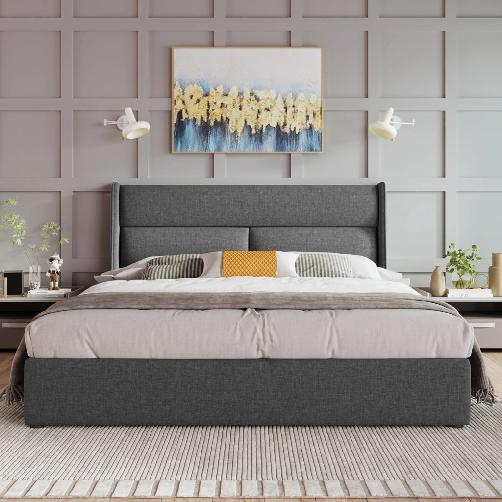 Letto imbottito matrimoniale 140x200 cm con testiera regolabile, contenitore idraulico, grigio